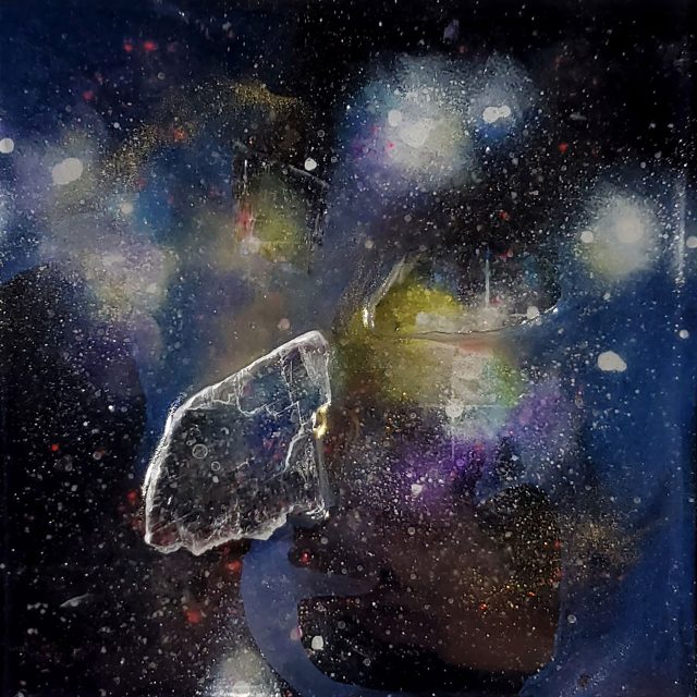 Selenite crystal artwork 'CASANOVA 44' from the Casanova Series, featuring embedded crystals and photoluminescent pigments that create a soothing night glow by Aaron K Metz.