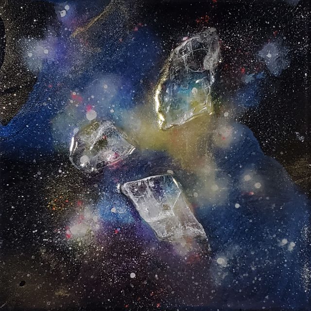 Selenite crystal artwork 'CASANOVA 45' from the Casanova Series, featuring embedded crystals and photoluminescent pigments that capture the cosmic landscape by Aaron K Metz.