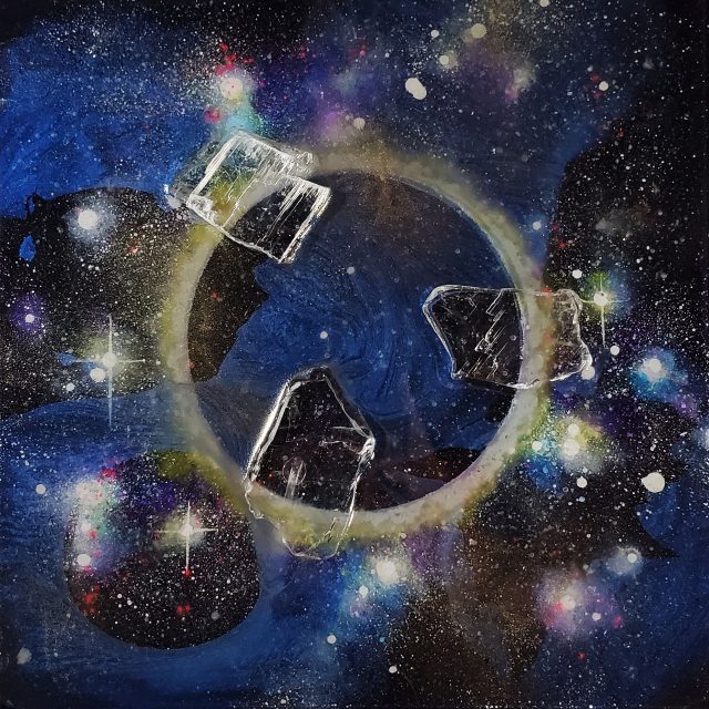 Small-scale selenite ice artwork 'CASANOVA 47' from the Casanova Series, featuring complex mineral composition and photoluminescent elements by Aaron K Metz.