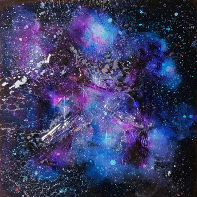 Small-scale square selenite ice artwork 'CASANOVA 63' from the Casanova Series, featuring complex mineral composition and photoluminescent elements by Aaron K Metz.