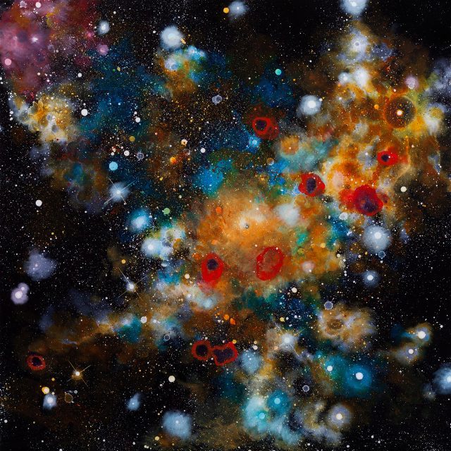 Detail 1 of selenite and acrylic artwork ‘Galactic Gold’ from the Cosmos Series, showcasing cosmic textures by Aaron K Metz.