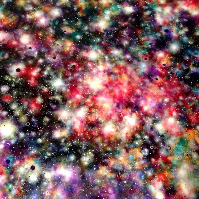 Detail 1 of selenite and chlorite artwork ‘Starchild’ from the Cosmos Series, showcasing cosmic textures by Aaron Metz.