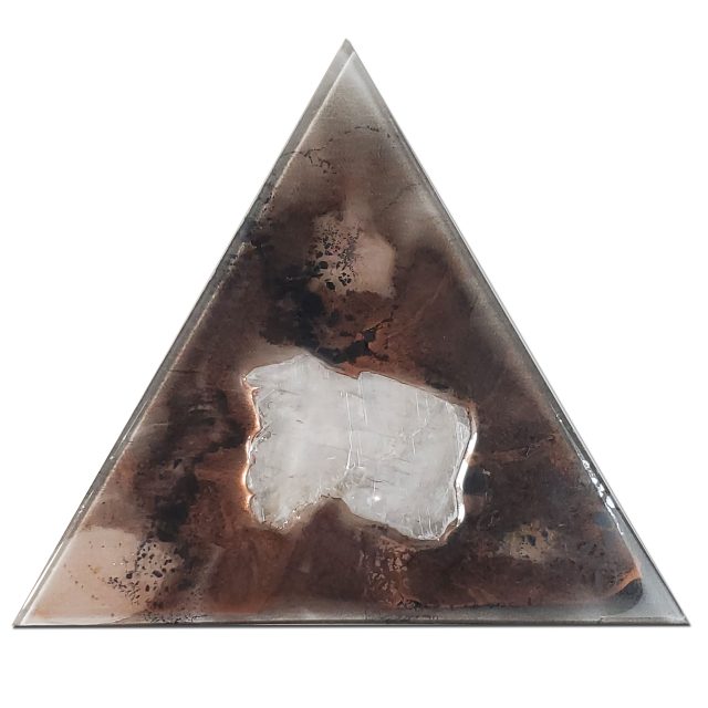 Pure selenite ice crystal artwork 'Elemental 124' with ebony moon mica, liquid chrome and copper inks on triangular panel, honoring Earth's elemental forces by artist Aaron K Metz