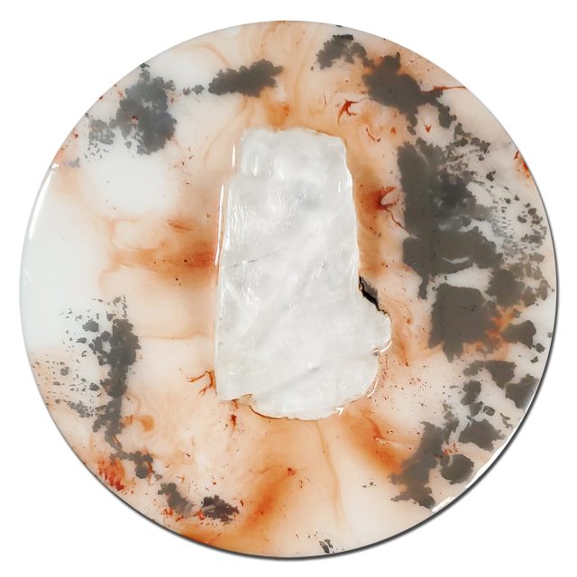 Delicate selenite crystal artwork 'Elemental 138' with flowing cherry blossom metallic mica and liquid chrome ink on white circular panel, creating a serene mineral-like landscape by artist Aaron K Metz