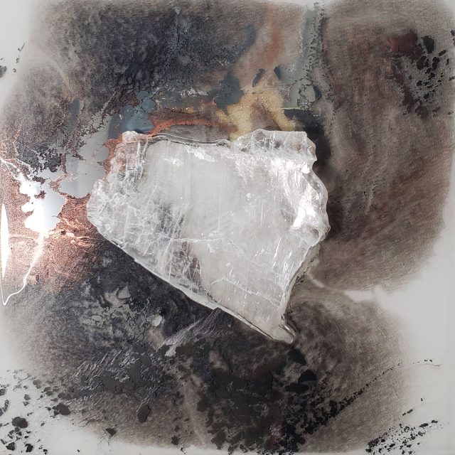 Pure selenite ice crystal artwork 'Elemental 99' with ebony moon mica, liquid chrome and copper inks, honoring Earth's elemental forces by artist Aaron K Metz