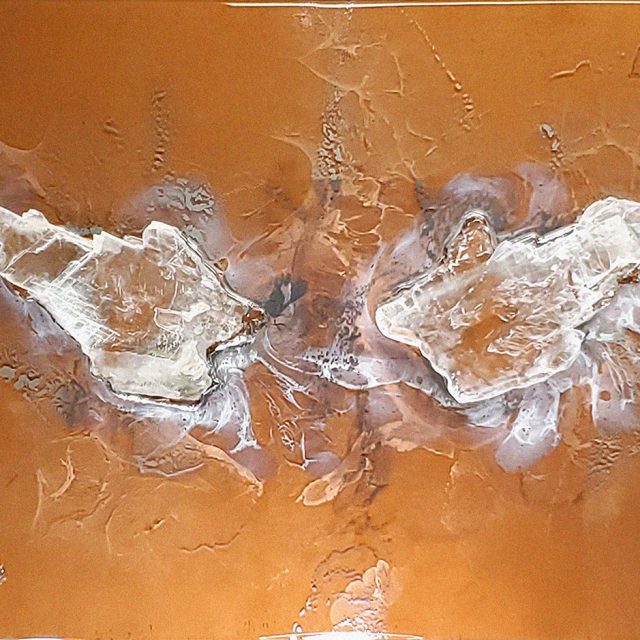 Grand selenite crystal wings artwork 'Emergence' featuring carved selenite crystal rising from metallic copper background with flowing metallic inks by artist Aaron K Metz