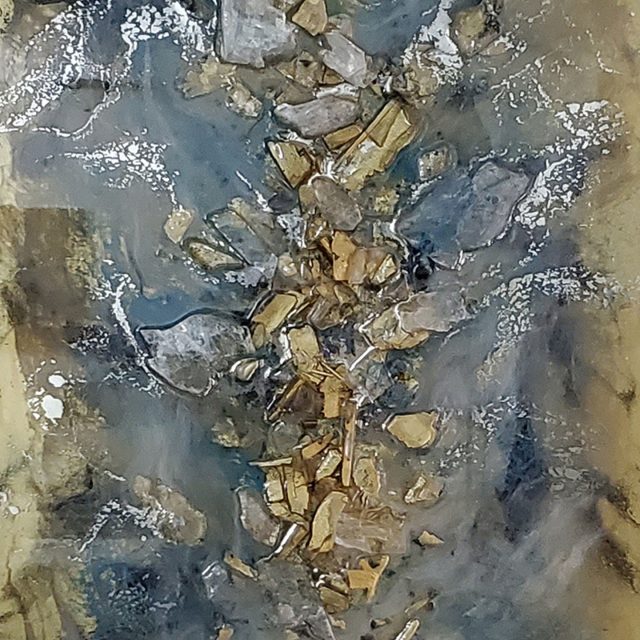 Monumental 72-inch 'Origins 63' artwork with selenite, peridot, lepidolite, and mica crystals with Caribbean blue elements by Aaron K Metz