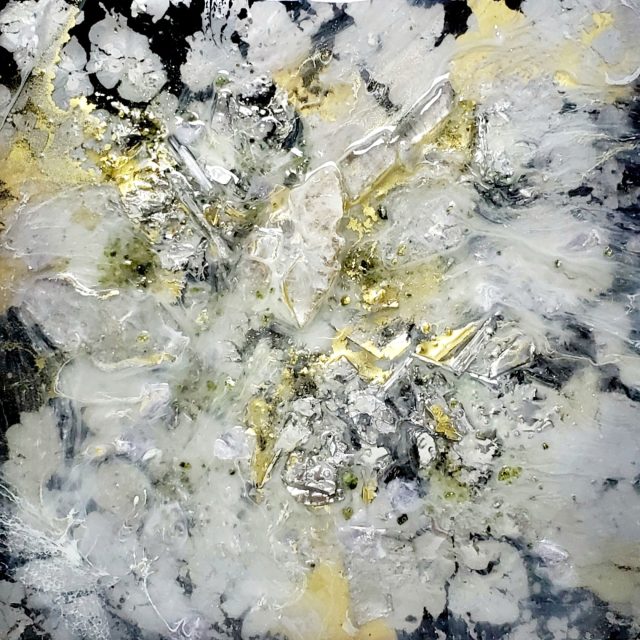 Abstract selenite, mica, and peridot artwork 'Origins 45' depicting the primordial dance of molten metals and minerals during planetary formation by Aaron K Metz