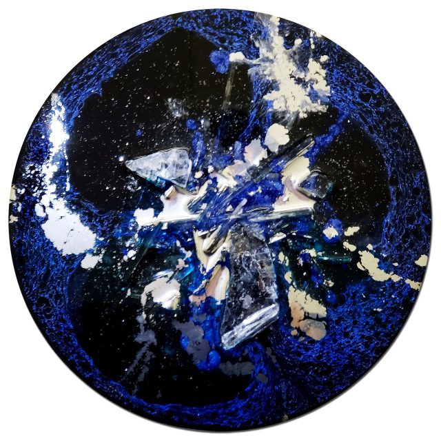Circular selenite crystal artwork 'Origins 72' depicting primordial planetary formation with mica elements and photoluminescent properties by Aaron K Metz