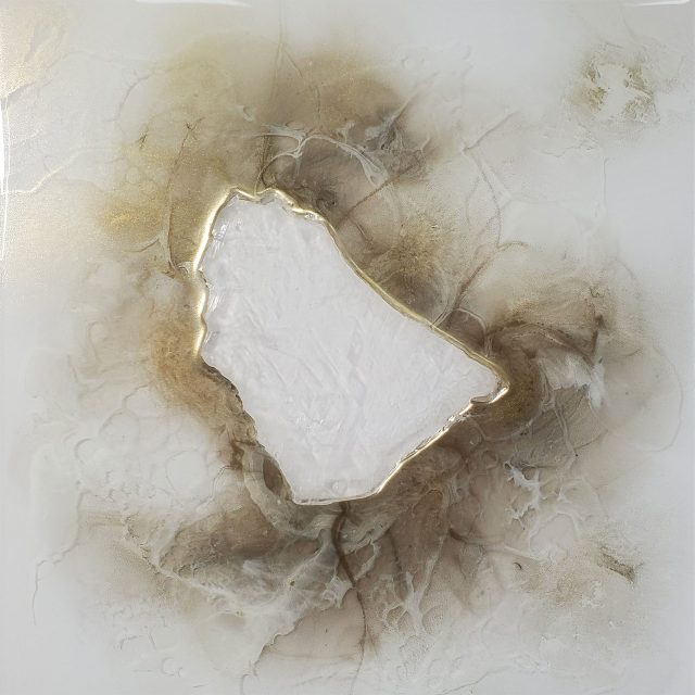 Contemporary artwork 'RAA 52' pairing flowing gold mica ink and selenite crystal symbolizing the cosmic dance between sun god Ra and moon goddess Selene by artist Aaron K Metz