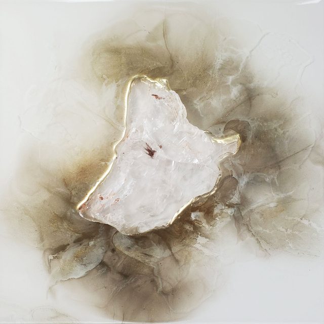Contemporary artwork 'Raa 53' pairing flowing gold mica ink and selenite crystal symbolizing the cosmic dance between sun god Ra and moon goddess Selene by artist Aaron K Metz