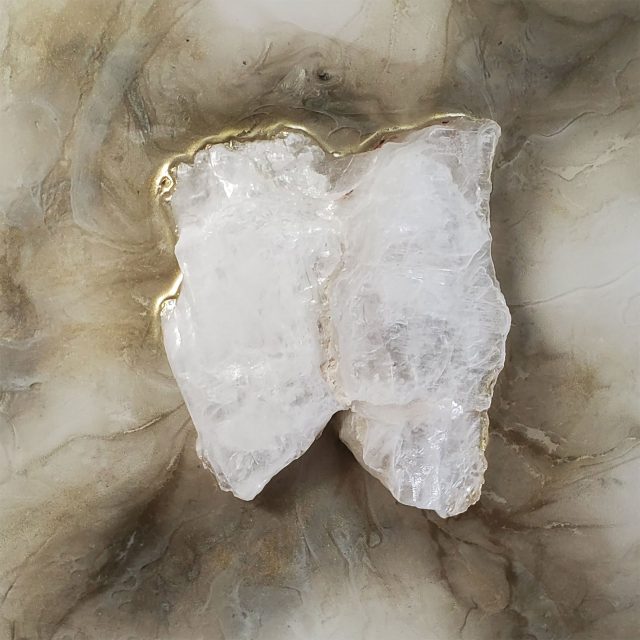 Large 16" artwork 'Raa 55' pairing flowing gold mica ink and selenite crystal symbolizing the cosmic dance between sun god Ra and moon goddess Selene by artist Aaron K Metz