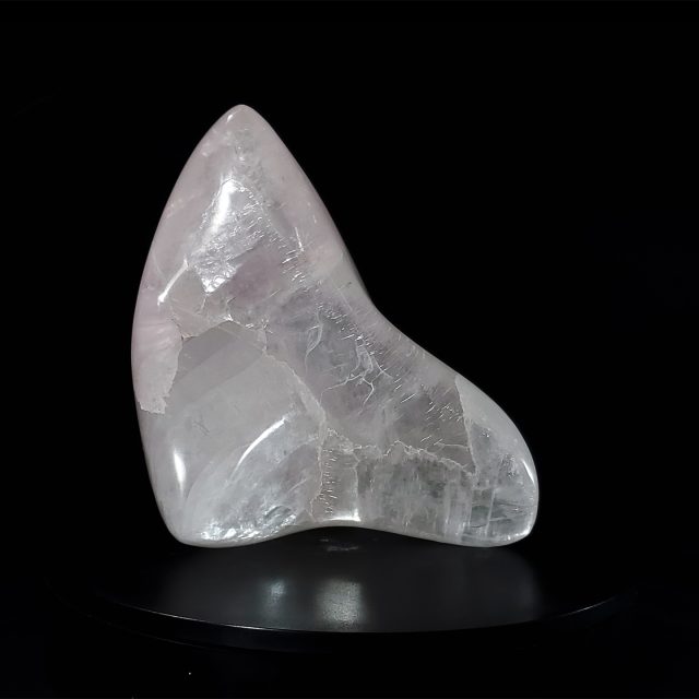 Pristine Arcturius selenite crystal sculpture with exceptional quartz-like clarity and elegant flowing curves featuring a dynamic pointed form hand-carved from rare selenite crystal by Aaron K Metz