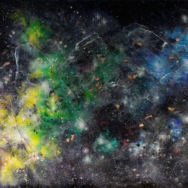 Striking illuminated artwork 'Chakra Genesis' featuring 10+ pounds of selenite crystal, lepidolite, mica, copper, and rainbow obsidian emerging from hand-painted chakra-colored cosmic landscape with photoluminescent properties by artist Aaron K Metz