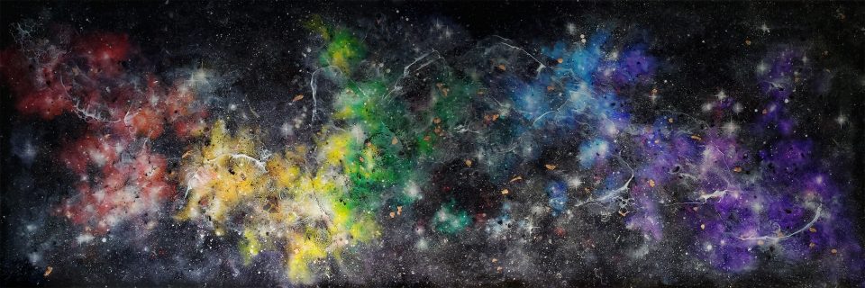 Striking illuminated artwork 'Chakra Genesis' featuring 10+ pounds of selenite crystal, lepidolite, mica, copper, and rainbow obsidian emerging from hand-painted chakra-colored cosmic landscape with photoluminescent properties by artist Aaron K Metz