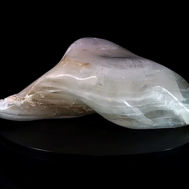 Spectacular selenite crystal sculpture with shell-like luminosity and natural calcium sulfate coral formations featuring ancient marine inclusions hand-carved from Utah selenite by Aaron K Metz