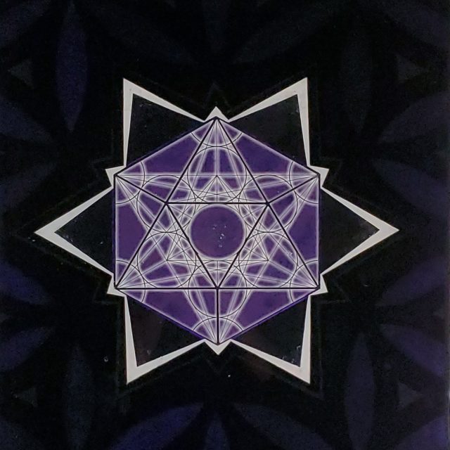 Striking rectangular artwork 'Marakesh' featuring a geometric star with integrated Metatron's Cube against a deep purple Flower of Life pattern, infused with lepidolite and selenite crystals by artist Aaron K Metz
