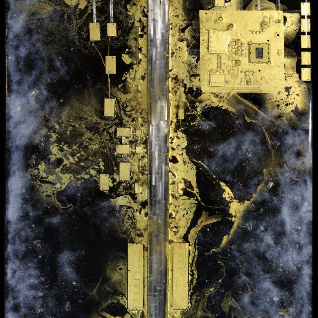 Premium selenite crystal artwork 'Cosmic Circuitry: A Teotihuacan Odyssey' from the Nexaurum Series, transforming the aerial view of Teotihuacan into functioning energy circuits with gold mica and crystals by artist Aaron K Metz