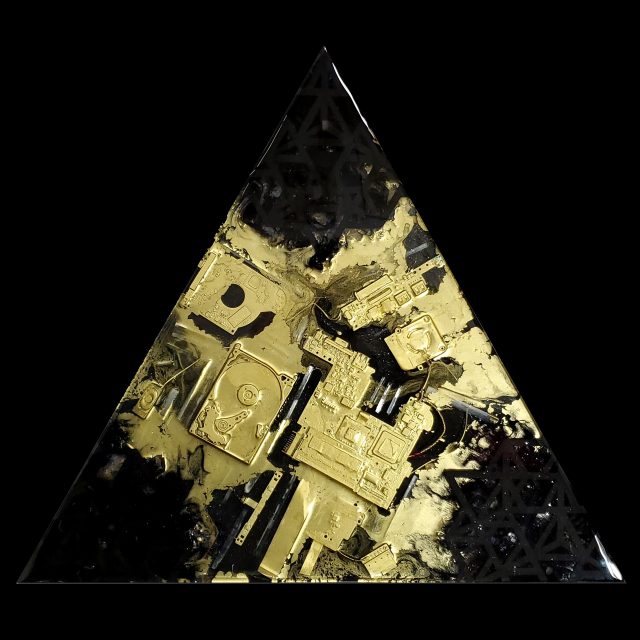24-inch triangular crystal circuit artwork combining gold-painted computer components with selenite crystals in sacred geometric patterns