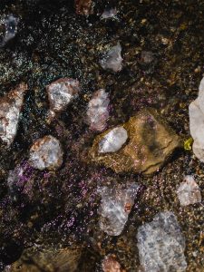 Aaron K Metz tending to selenite crystals in The Nursery creek, using natural water currents for polishing