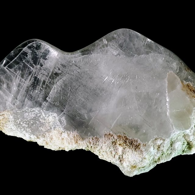 Elegant selenite crystal sculpture with spectacular shell-like luminosity and natural calcium sulfate coral formations creating a harmonious contrast between smooth crystal and textural elements by Aaron K Metz