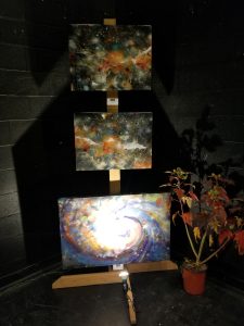 Crystal-infused cosmic artwork by Aaron K. Metz at Lake Country ArtWalk 2018 featuring selenite on wood