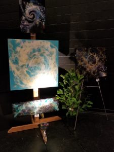 Crystal-infused cosmic artwork by Aaron K. Metz at Lake Country ArtWalk 2018 featuring selenite on wood