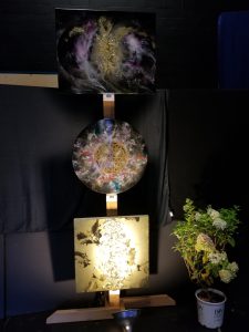 Crystal-infused cosmic artwork by Aaron K. Metz at Lake Country ArtWalk 2018 featuring selenite on wood