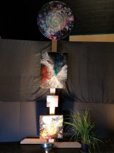 Crystal-infused cosmic artwork by Aaron K. Metz at Lake Country ArtWalk 2018 featuring selenite on wood