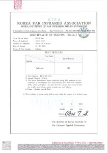 Laboratory test report from Korea Institute of Far Infrared Applied Estimation showing selenite crystal generating negative ions